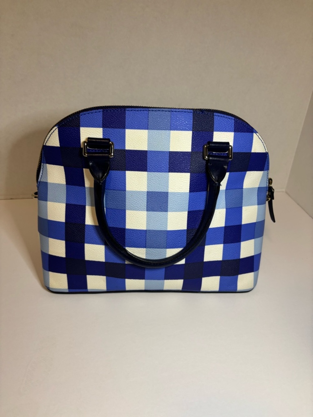 Kate Spade Blue Pacific Gingham Printed Double Handles Zipper Satchel Bag